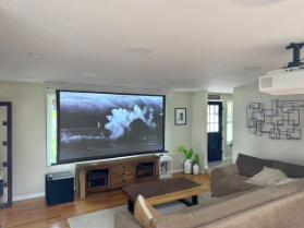 Media room with drop-down projector screen